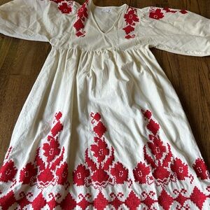 VELVET Boho cream cotton dress with red brocade accents